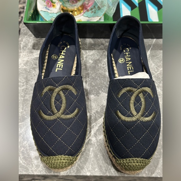 CHANEL Shoes - CHANEL Quilted Navy and Gold Espadrilles